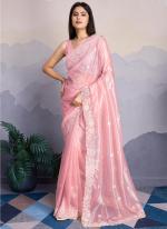 Gold Infused Pink Party Wear Twill Work Saree